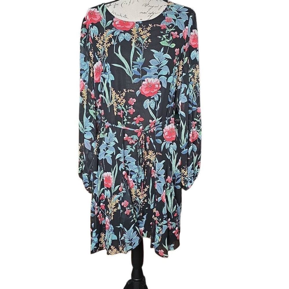 Tommy Hilfiger Women's Size 14 Black Green Floral Long Sleeve Sheer Belted Dress